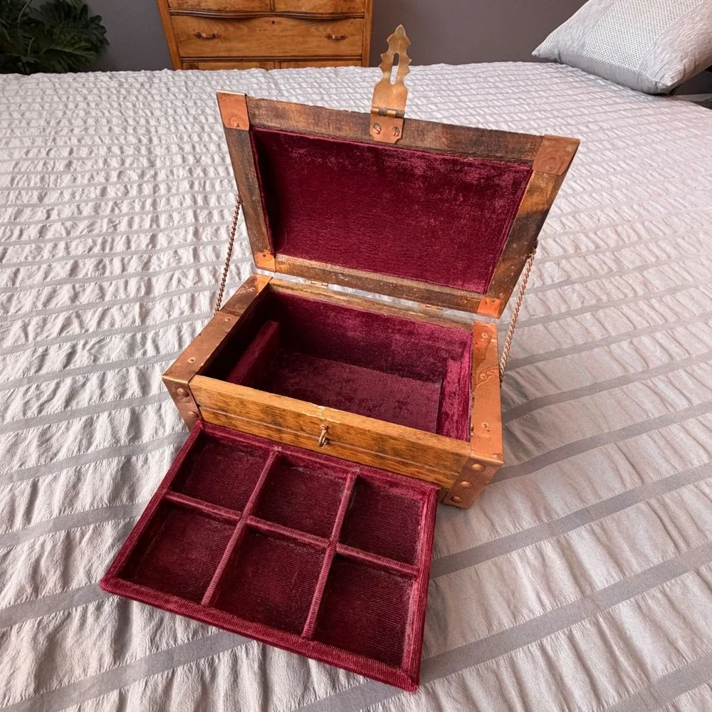 Vintage Wooden Treasure Chest Jewelry Box Burgundy Velvet Lining Copper Trim